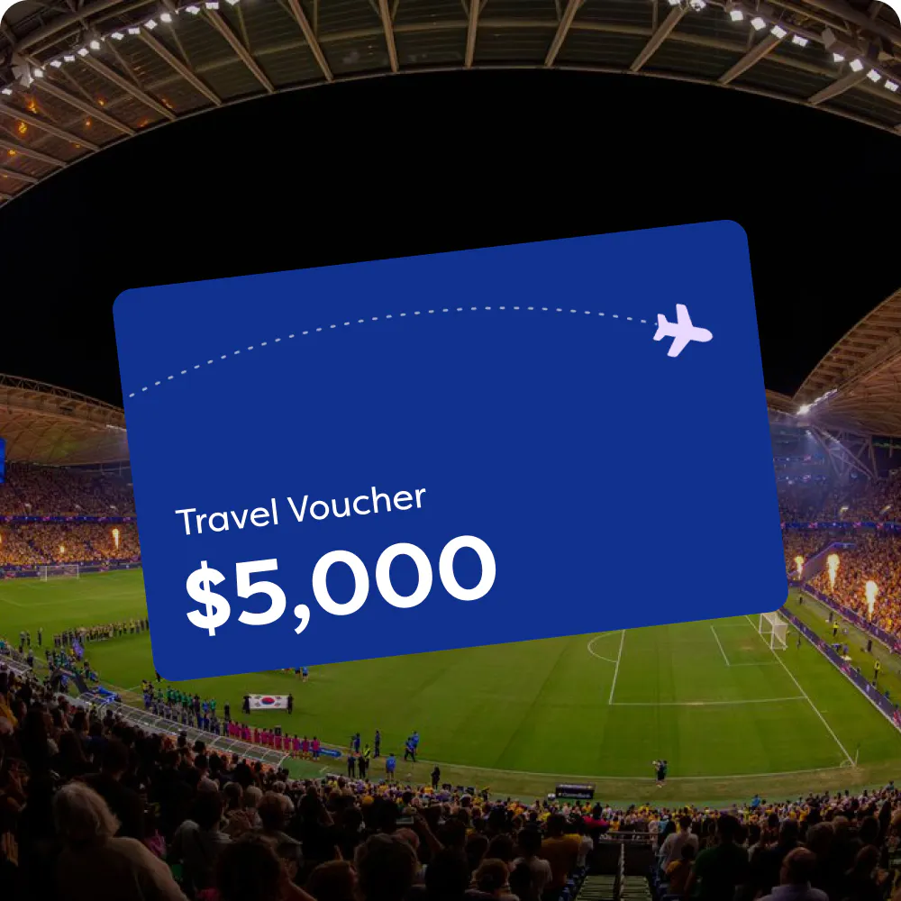 Webjet travel gift card in front of a stadium